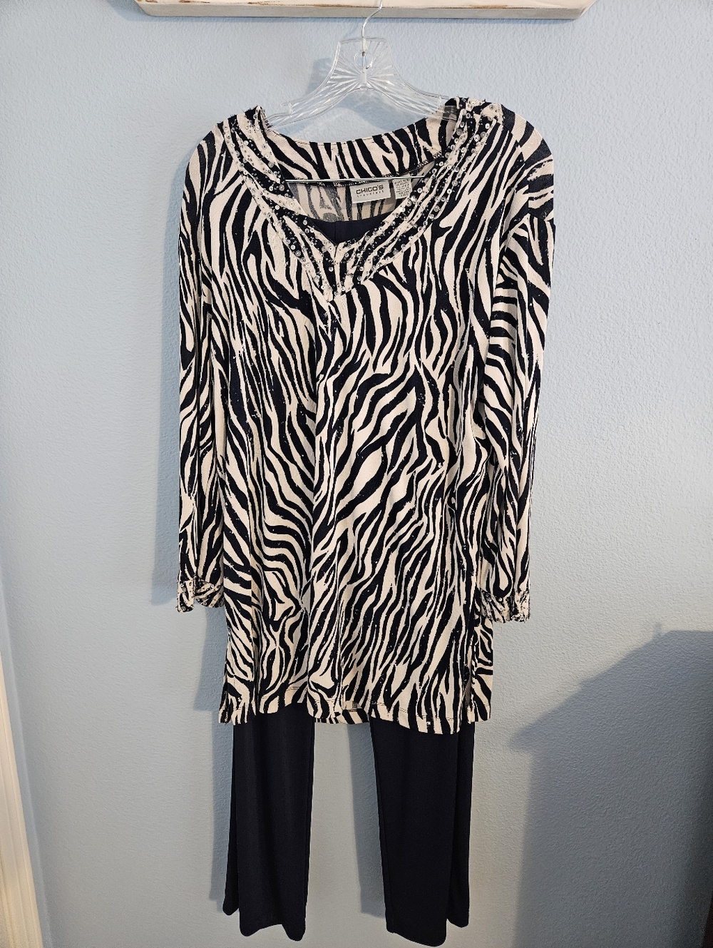 Chico's Navy Blue and White Zebra-Print Tunic And Pants